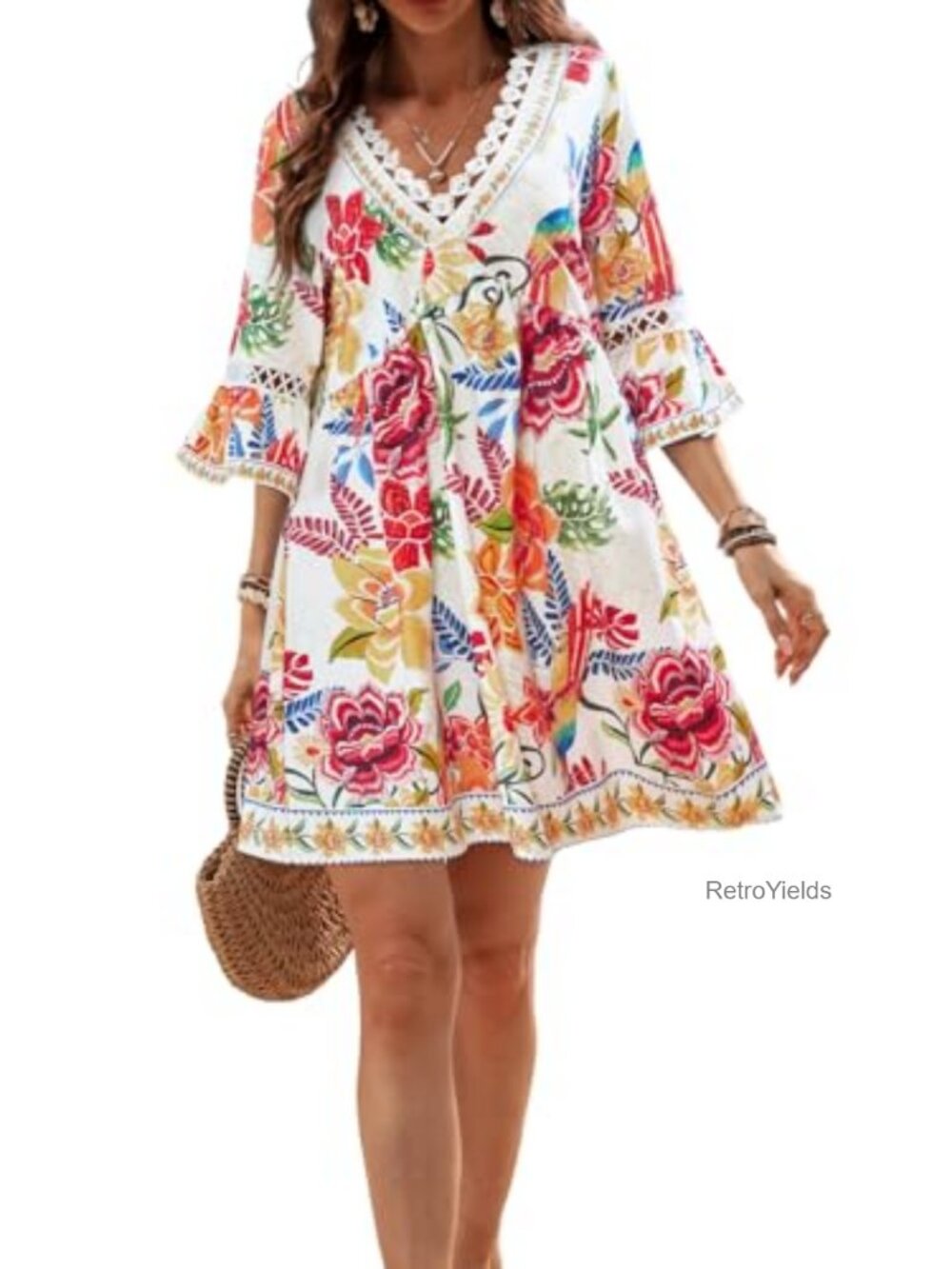 Paisley Lace Trim V-Neck 3/4 Sleeve Cover Up Dress Mini